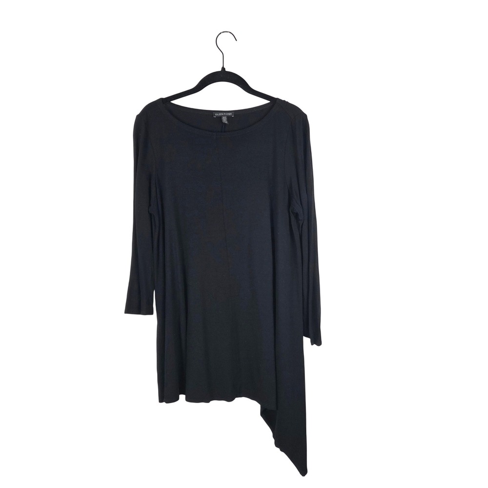 Eileen Fisher Black Asymmetrical Hem‎ 3/4 Sleeve Tunic Top Size Medium
